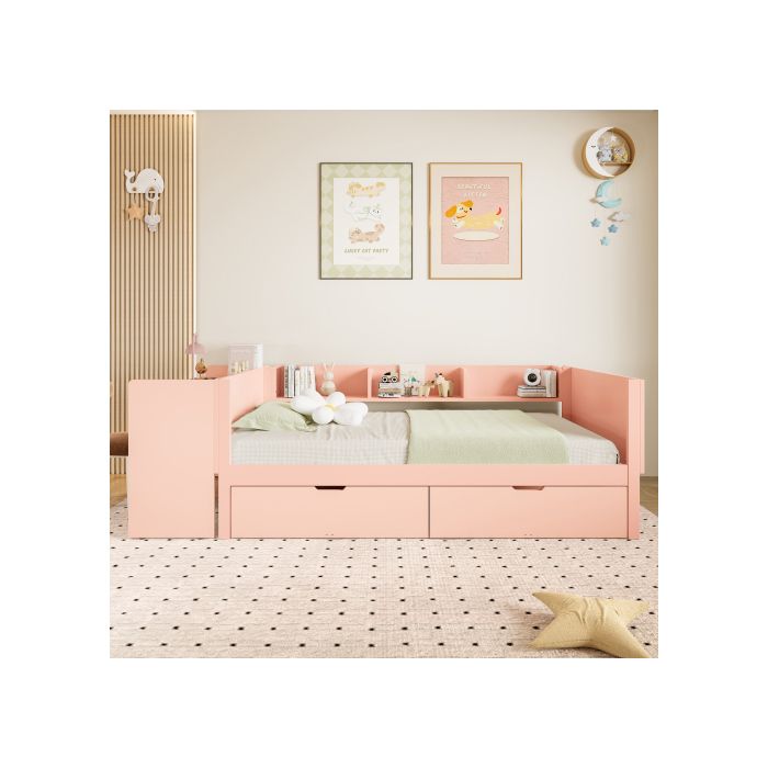 Lit simple - Bois - 90x200 cm - Rose - Avec bureau - 2 tiroirs de rangement
