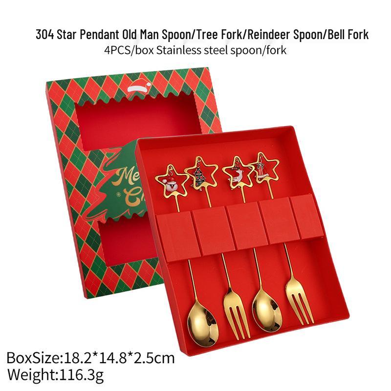 Christmas Cartoon Cutlery Set: Forks, Spoons, and Gift Box Featuring Cute Reindeer and Tree Designs.