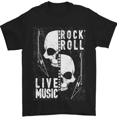 Rock N Roll Live Music Skull Guitar T-Shirt Men's 100% Cotton
