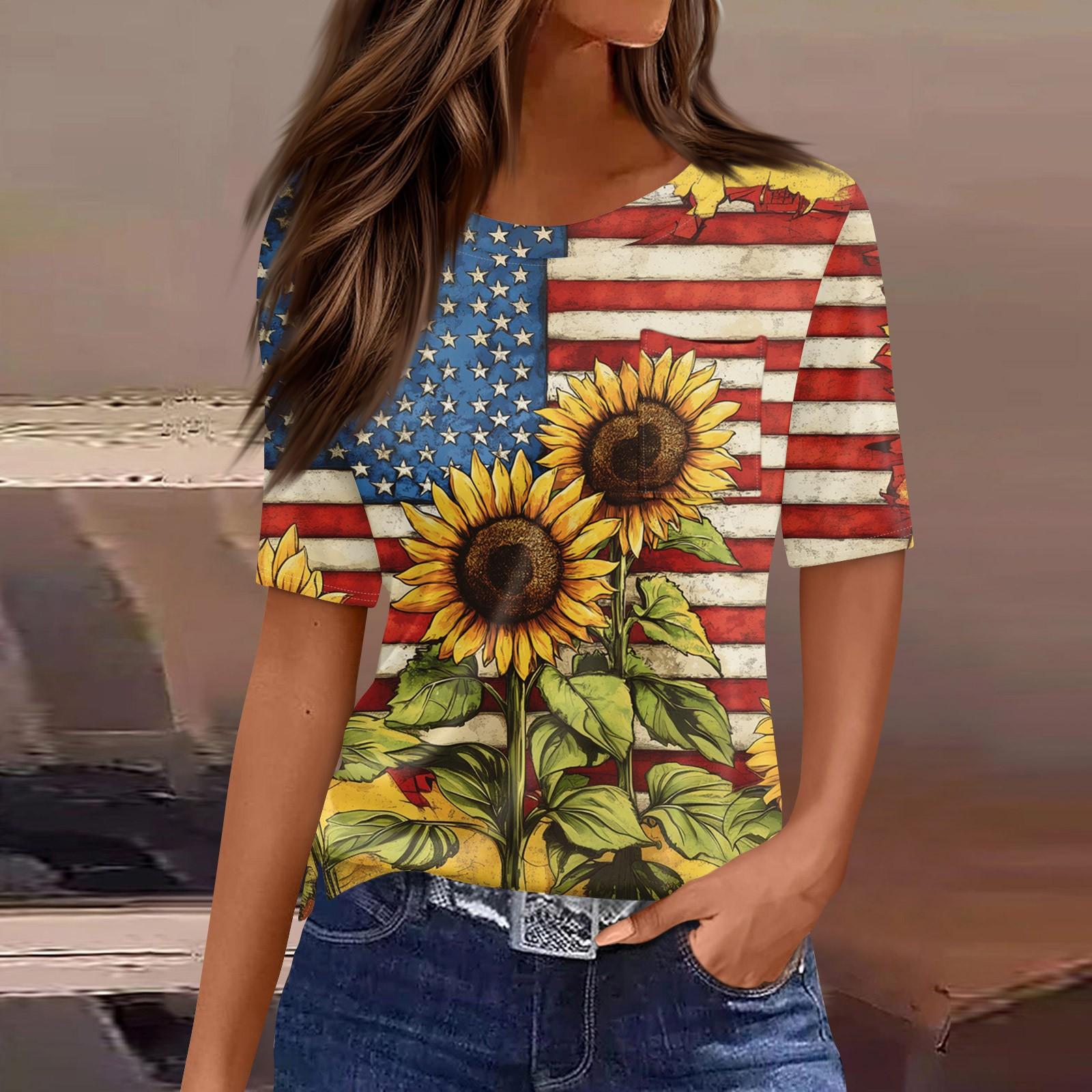 

Women s Round Neck Pocket Independence Day Print Short Sleeve T-Shirt Top XL жовтий