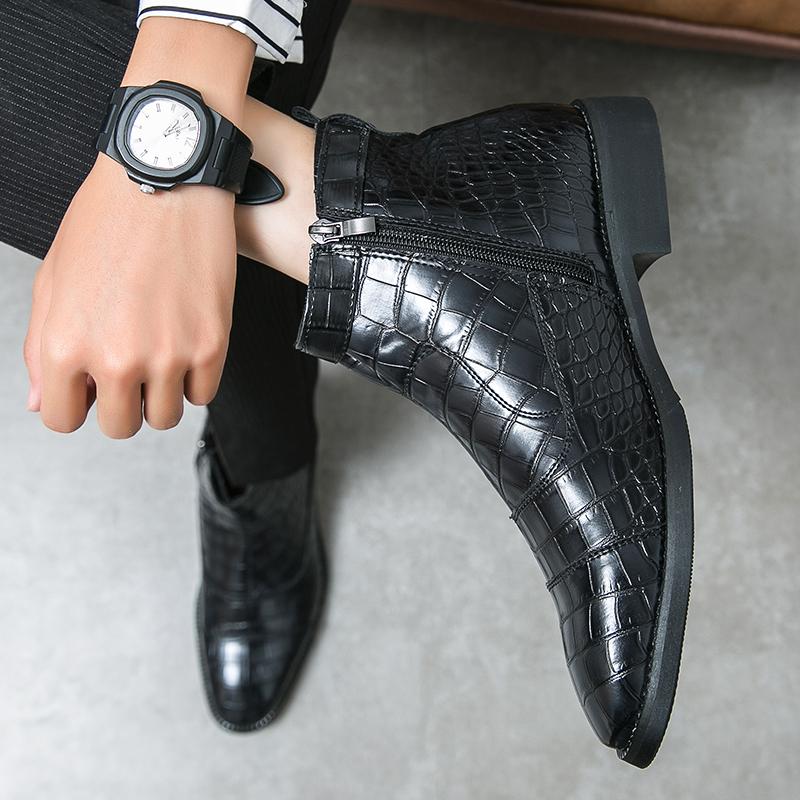 Fashion Spring Italian Brand Men's Chelsea Boots Autumn Brown Zip Ankle Boots Vintage Leopard Print Boots  Leather Casual Shoes For Men