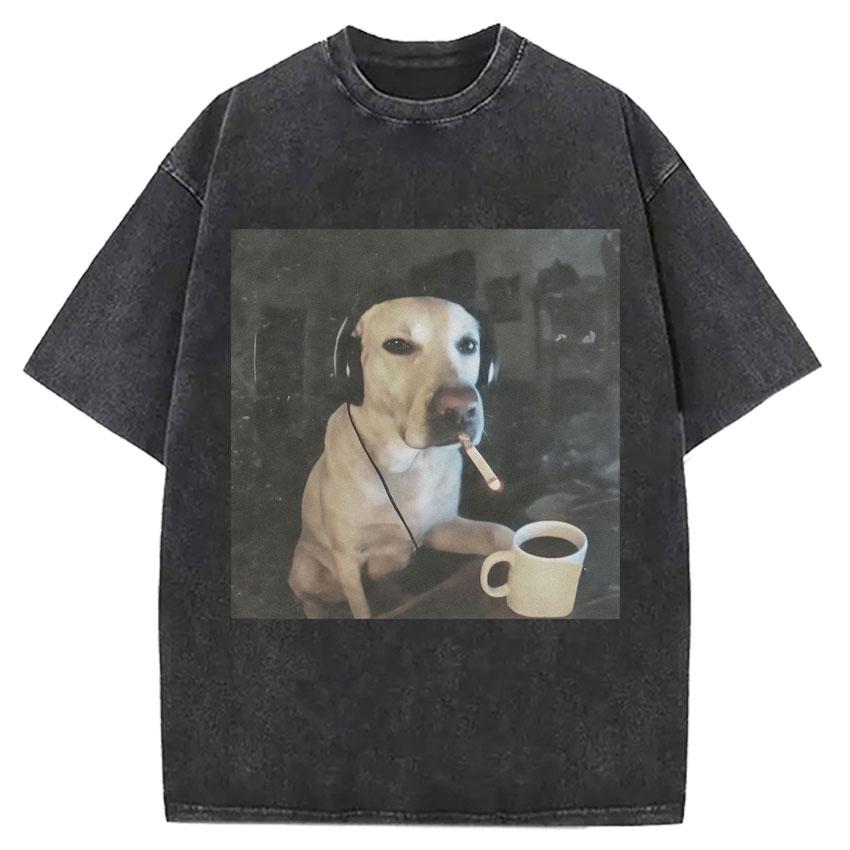 Funny Smoking Dog Cooking Tshrit Vintage Washed Tshirt S Oversized Loose Cotton Harajuku Tee Shirts Casual Streetwear Unisex