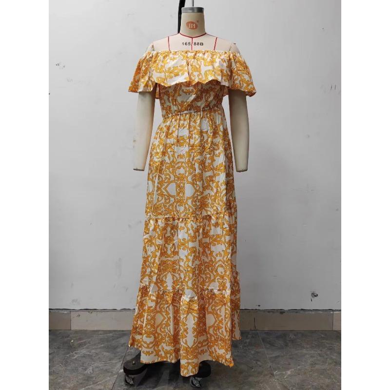 Damen Sommerkleid mit One-Shoulder-Träger und kurzen Ärmeln, bedruckt, mit Rüschen, lang