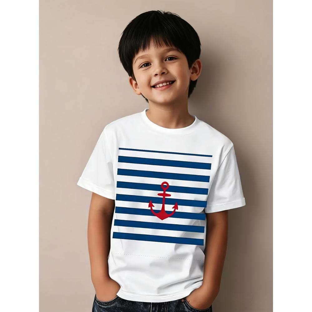 Navy blue and white striped short-sleeved T-shirt for boys and girls, casual round neck T-shirt, 100