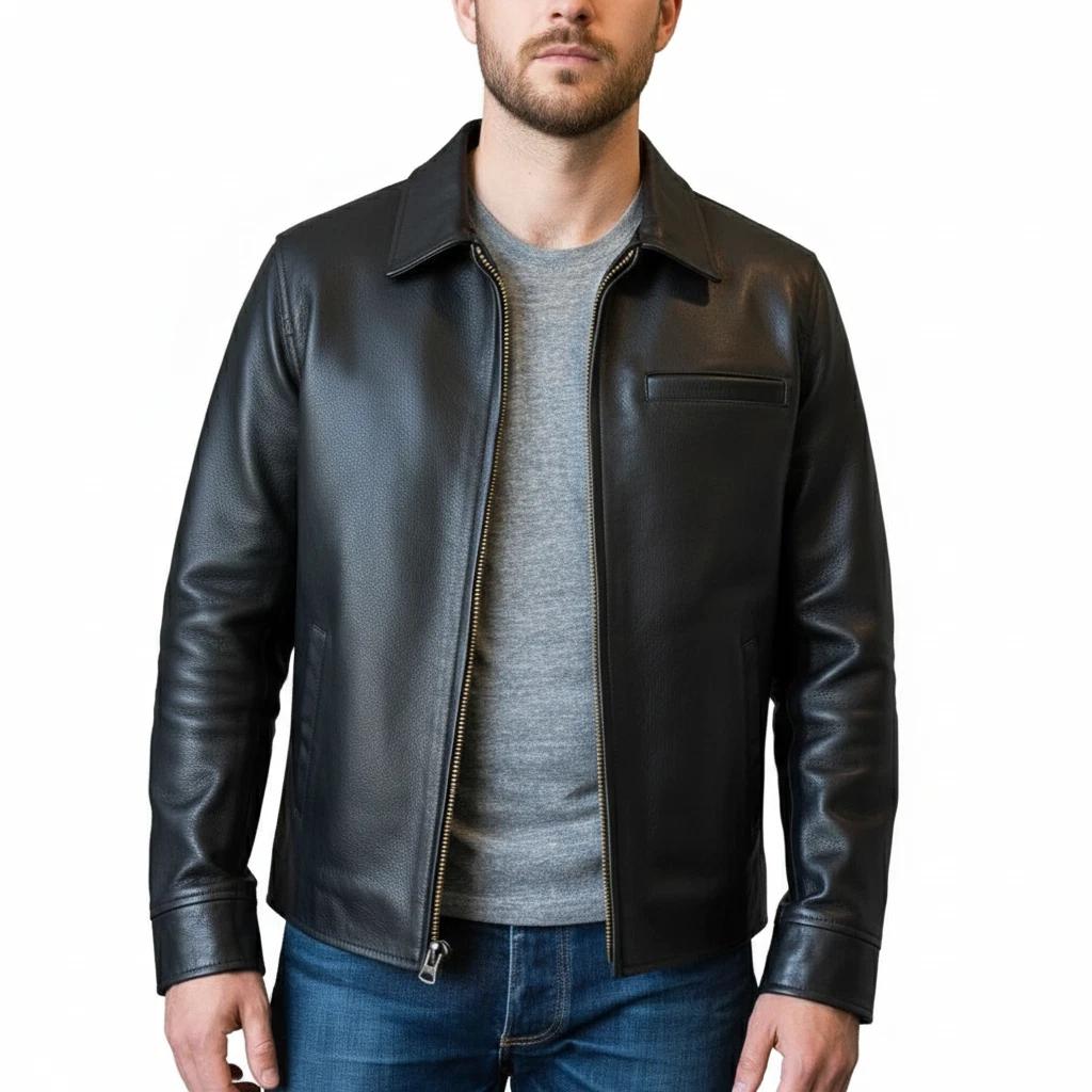 Czarna Skórzana Kurtka Męska z Jagnięcej Skóry Handmade na Imprezę Casualową