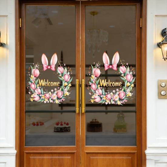 Spring Flower Wreath Window Cling Tulip/Sunflower/Rose Flower Static PVC Sticker Removable Glass Decals for Home Office Shop