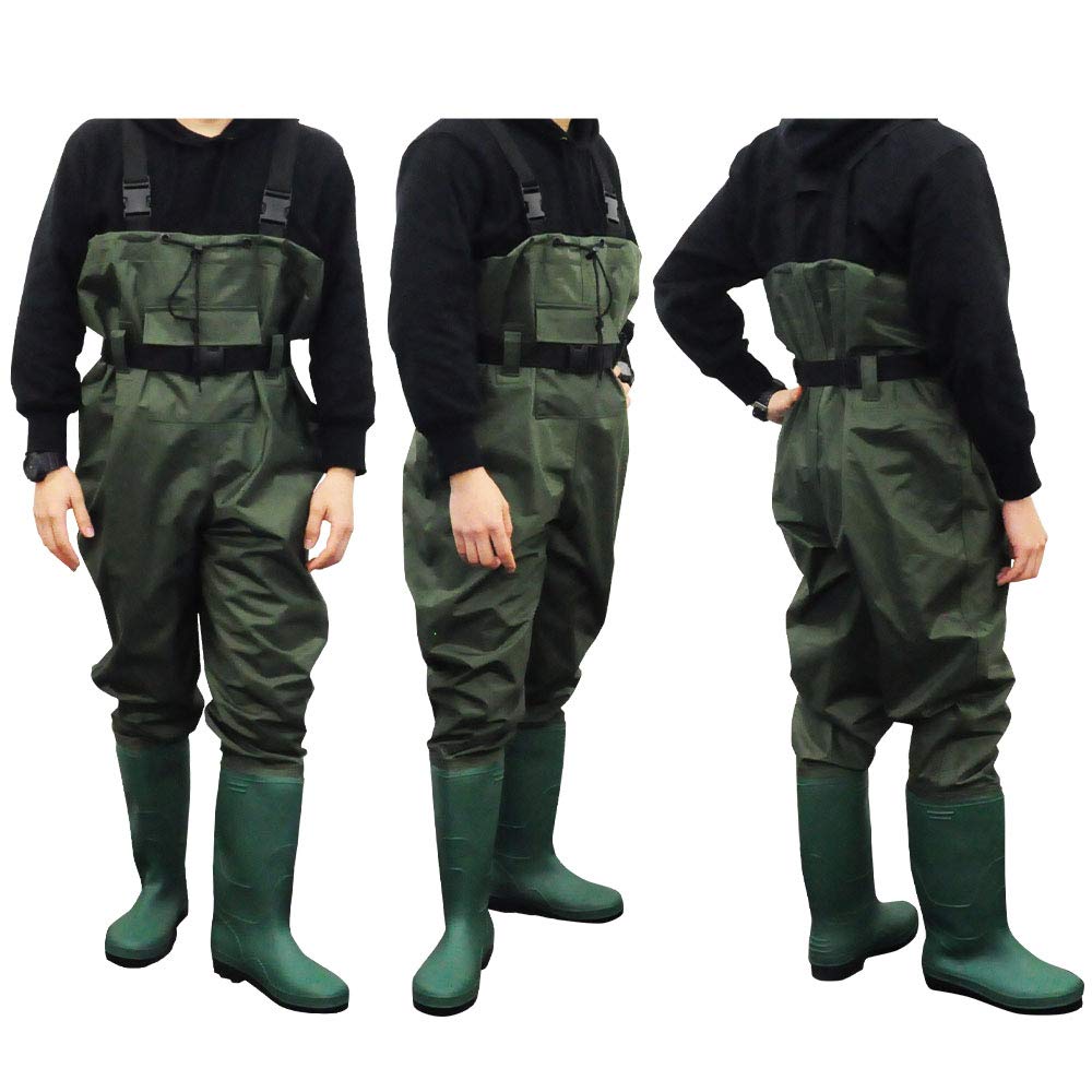 UPstore Waders Fishing Long Body Nylon Waders Boots Chest High Waders Waterproof Pants with Pocket Radial Sole Easy To Put On and Take Off Green Size