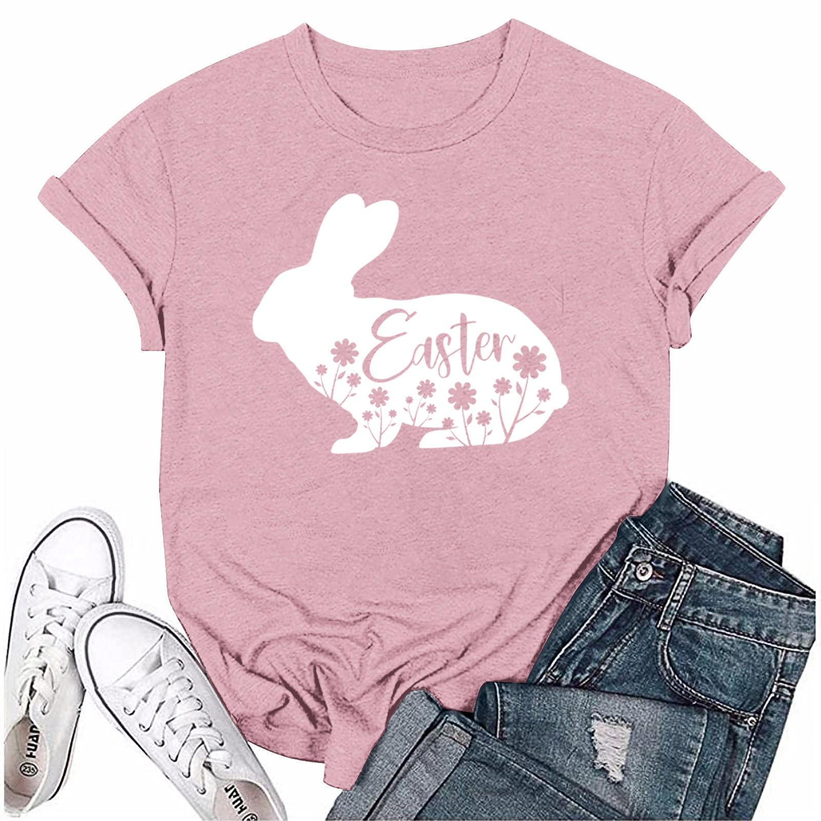 

Жіноча Мода Великодній Принт Повсякденна Плісирована Футболка Топ з Круглим Коротким Рукавом XL рожевий