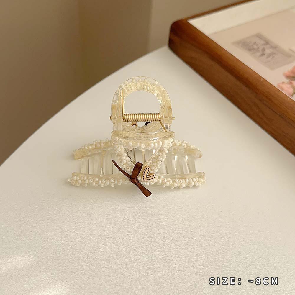 Pearl love bow hairpin rice bead weaving beige series grab clip literary light luxury hair accessories