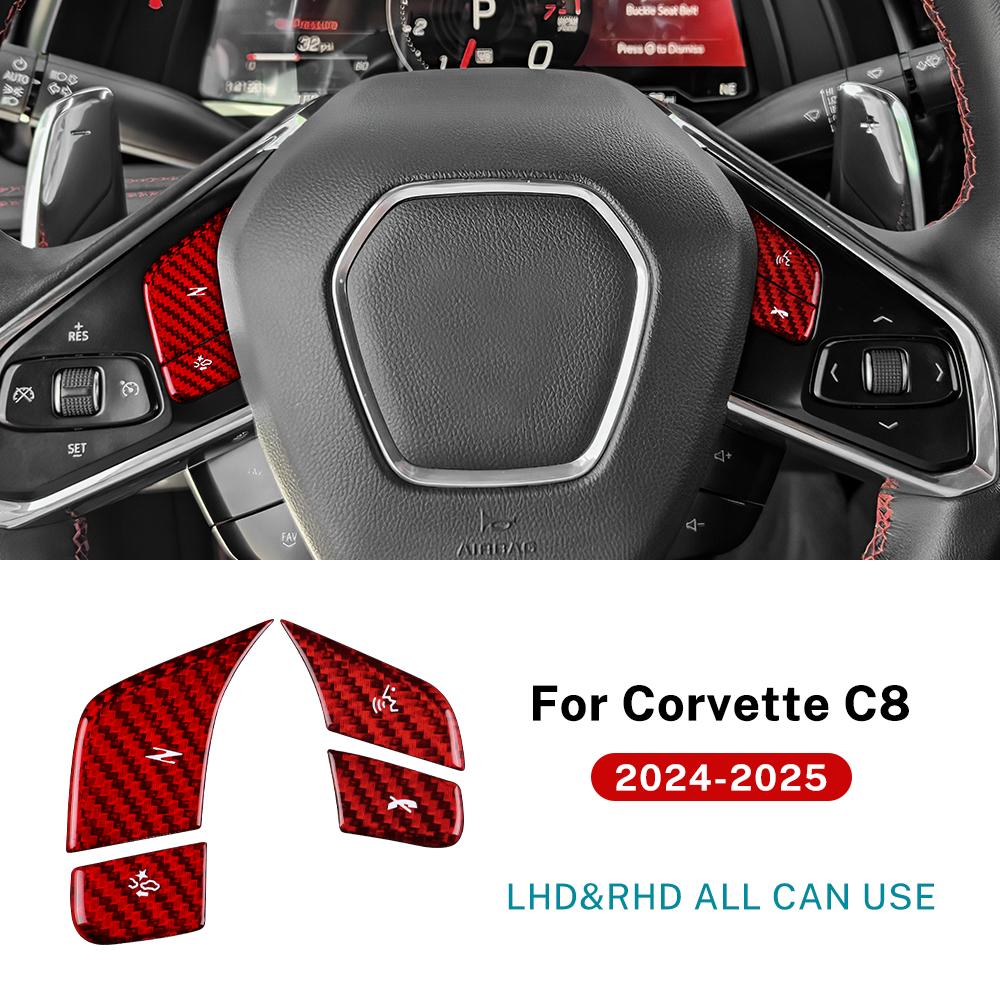 

For Chevrolet Corvette C8 2024 2025 Real Dry Hard Carbon Fiber Car Steering Wheel Volume Button Frame Interior Accessories Trim
