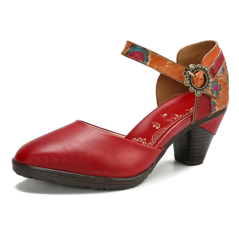 

Женская обувь Johnature, сандалии из натуральной кожи, модные и элегантные туфли на высоком каблуке с тиснением в стиле ретро, ​​расписанные вручную 41 красный