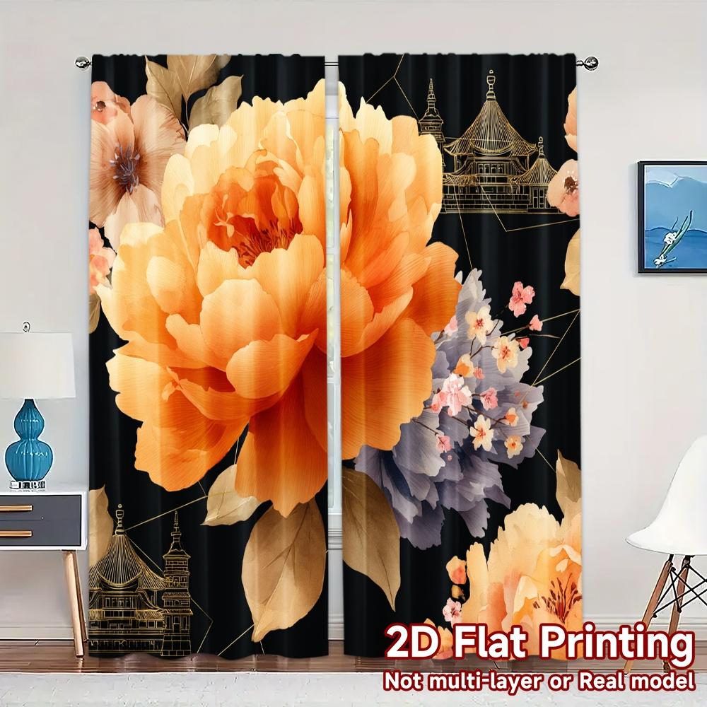 

2D FLAT PRINTING 2pcs Curtains (Without Rod) Floral Elegance on Black (7) April Fools is Day holiday curtains Durable Polyester 100*130 Grommet Top 1pcs