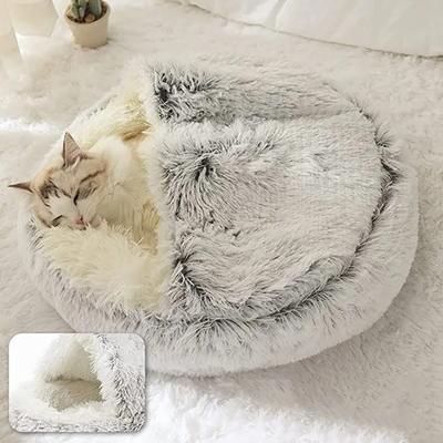 Vinter Lång Plysch Husdjur Katt Säng Rund Katt Dyna Hus Varm Katt Korg Katt Sovsäck Katt Nest Kennel 2 i 1 för liten hund katt