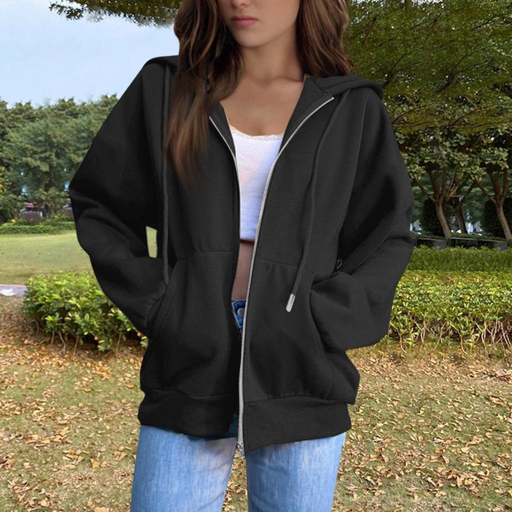 Women's Solid Color Long Sleeved Round Neck Plush Zipper Hooded Sweatshirt With Drawstring