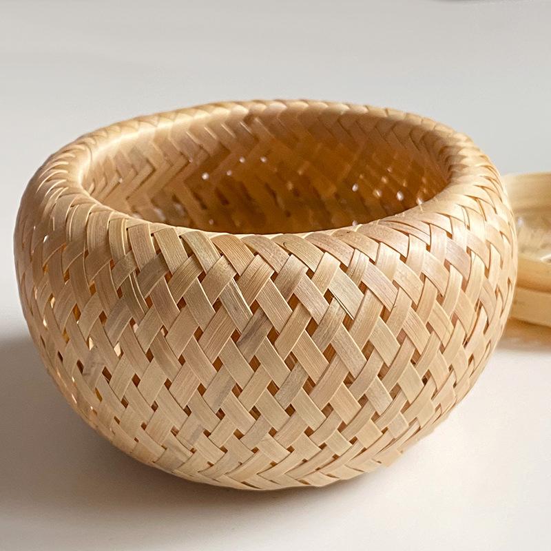 Bamboo Storage Basket With Lid Double Layer Handmade Woven Tea Basket Tabletop Storage Box For Tea Fruit Dried Fruit Snack Food