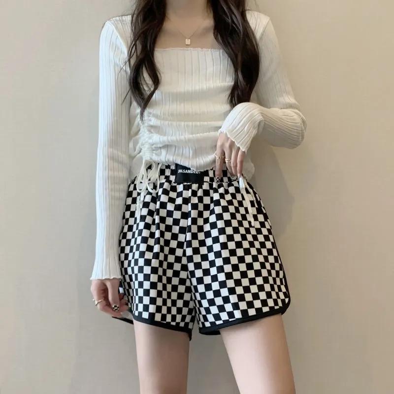 Elastische Taille Plaid Shorts Frau Koreanische Mode Breite Bein Shorts Frau Casual Einfache Gerade Kurze Hosen Frau Sommer