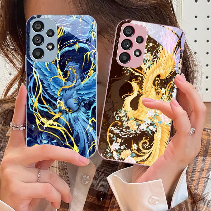 White And Blue Phoenix For Samsung Galaxy S10 4G S20 11E 30 S21 22 S24 Fe Pro S23 S25 Ultra 5G S9 Tempered Glass Phone Case