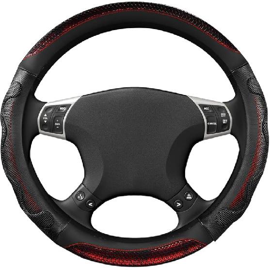 Car Steering Wheel Cover, 15 Inch Leather Round Comfy Grip Steering Wheel Protector, Anti-Slip Steering Wheel Cover With 3D Honeycomb For Most Red, O-Shaped