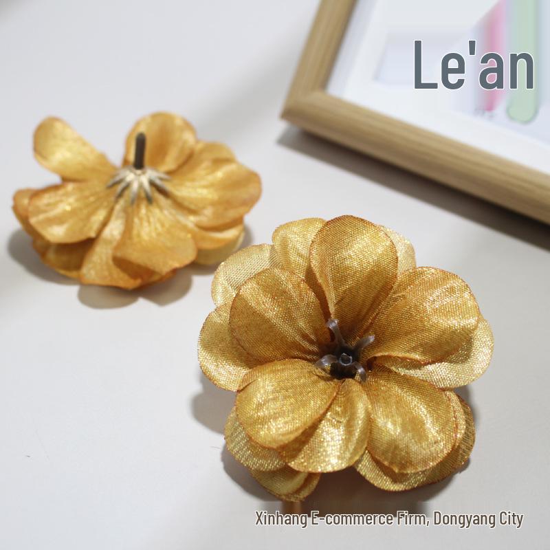 Camellia Gold Thread Artificial Flower Heads for DIY Hairpins and Home Decor Ornaments