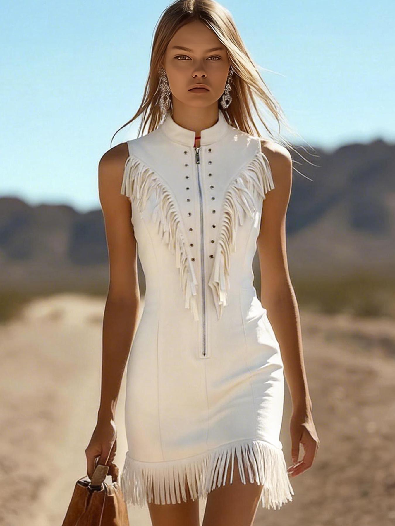 Women Sleeveless Stand Collar Fringe Dress with Front Zipper Solid White S белый
