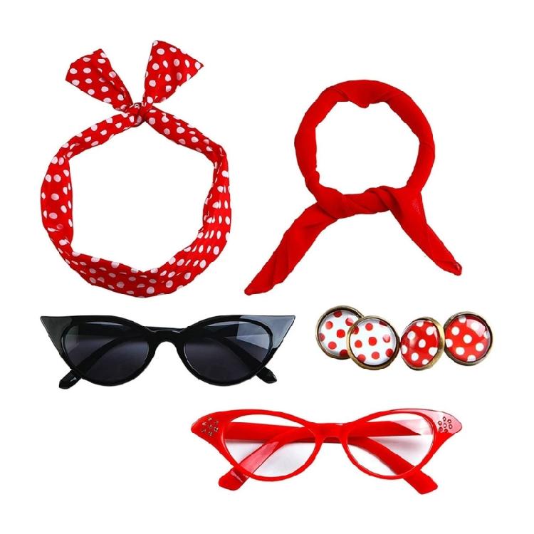 1950s Costume Accessories Set Scarf Headband Earrings Bandana Tie Cats Eye Glasses Set for 50s Party Halloween Cosplay