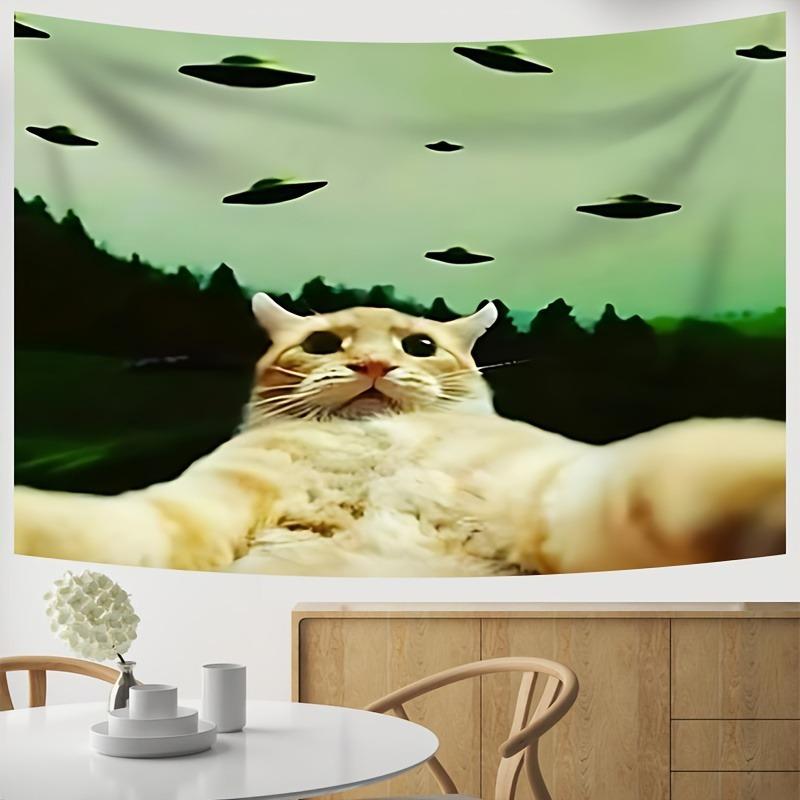 

Funny UFO and Cat Theme Digital printing polyester wall tapestry suitable for use in living rooms bedrooms offices bars party 74x94cm(29x37in)