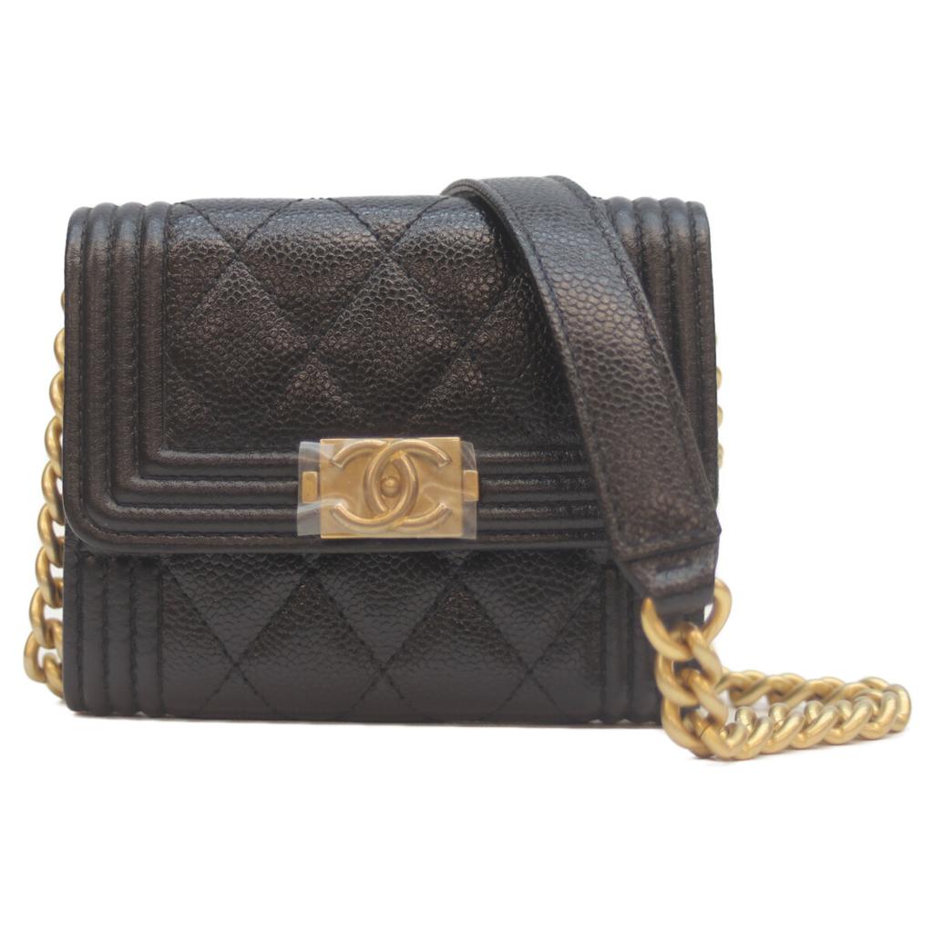 Chanel AP2206 Black Caviar GHardware Boi Chanel Compact Chain Wallet Shoulder Bag blackUsed