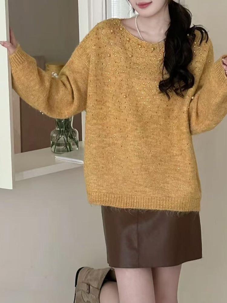 Korean High-End Beaded Knit Pullover for Women - Autumn/Winter Slimming Loose Sweater