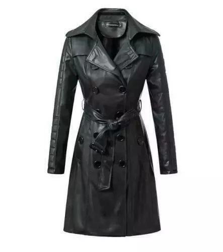 

Женское длинное пальто-тренч из чистой мягкой овчины, черное, куртка из натуральной кожи L чёрный