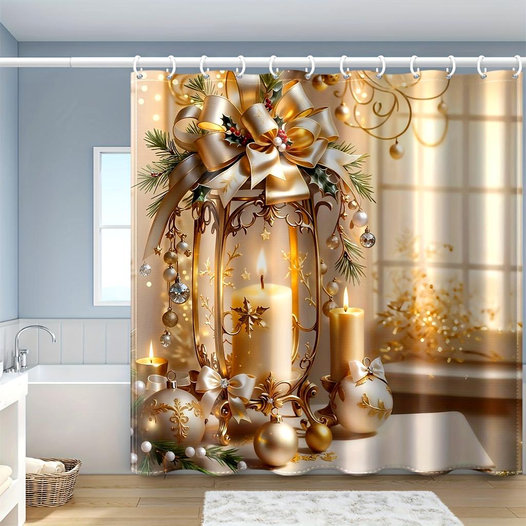 Christmas Shower Curtain Set Golden Candleholder Pattern Waterproof Polyester Machine Washable Arts-Themed Festive Decor