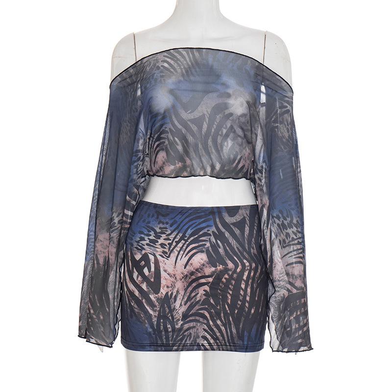 

European & American Tiger Print Mesh One-Shoulder Long-Sleeve Top with Tight-Fit Skirt Set Small