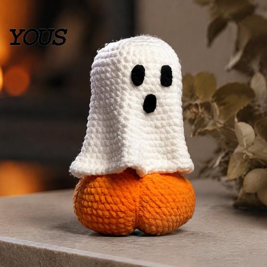 Fall Home Accents Knitted Ghost Pumpkin Ornament, Handmade Cute Crochet Figurine, Spooky Ornaments Festive Miniature Handicraft Ornament for Halloween