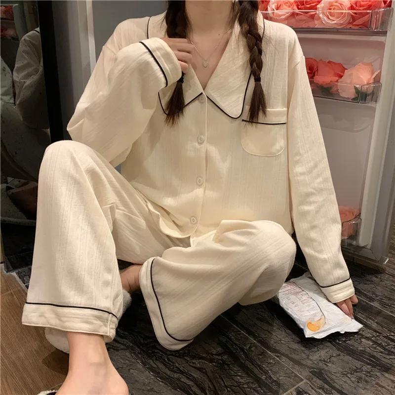 Autumn Winter New Soft Sleepwear Women's Lapel Button Cardigan 2 Piece Outfit Set Women Simple Solid Color Home Suit for Women