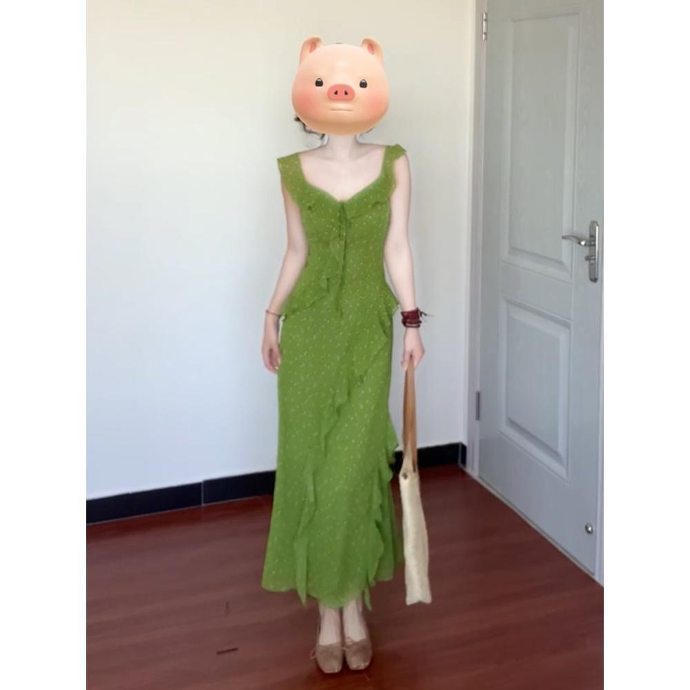 Girls' fashion new summer beautiful lotus leaf edge green floral suspender dress children's seaside vacation waist