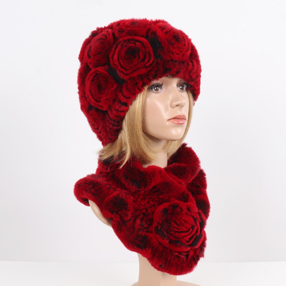 Нові Жіночі Зимові Хутряні Шапки Шарфи Набори Натуральні Теплі Справжні Шапки з Хутра Кролика Рекс Шарфи Леді В'язані Шапки з Натурального Хутра Шарф
