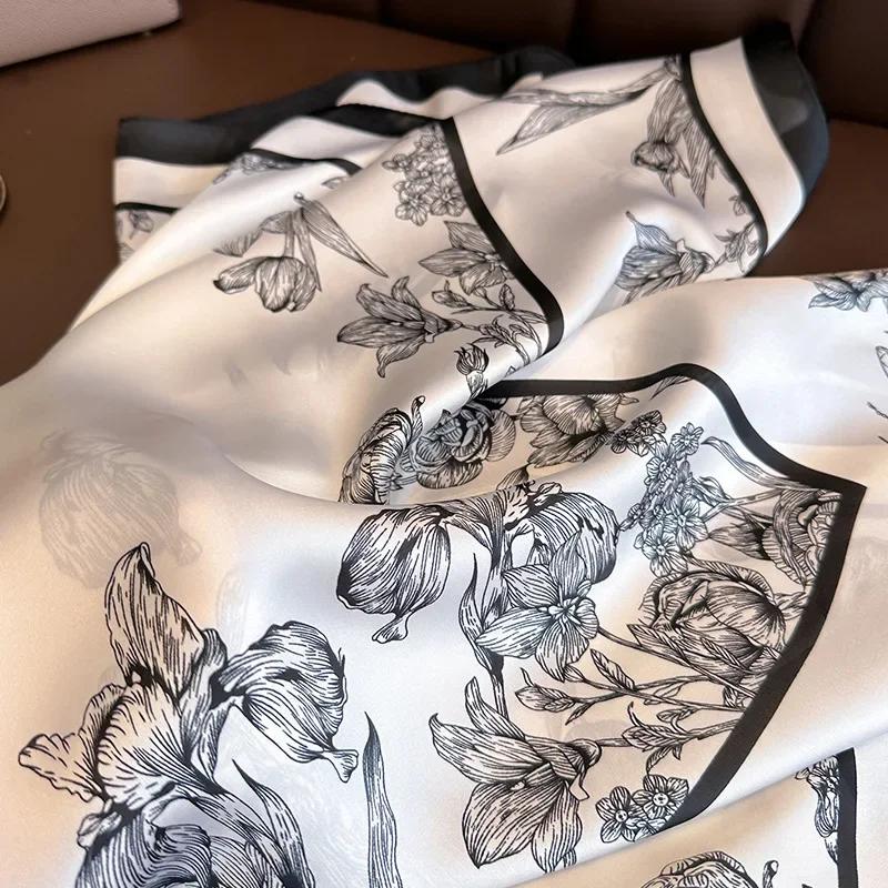 Luxury Floral Print Silk Square Scarf Women Foulard Hairband Hands Bag Ribbon Head Hijab Neckerchief Headbands Soft Satin