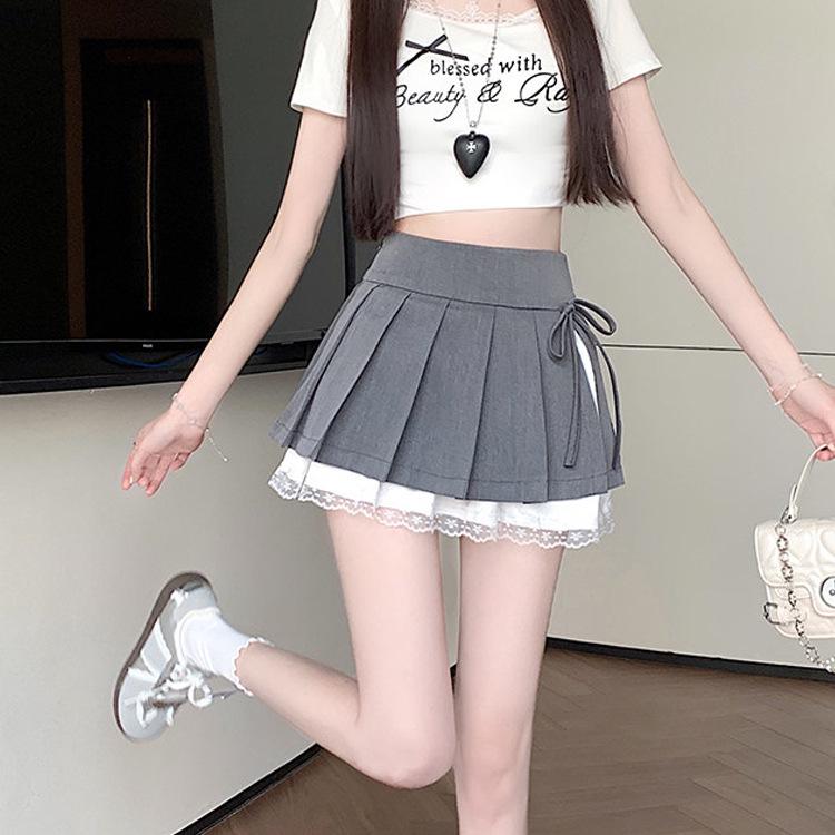 Women's Summer 2026 A-Line Lace Pleated Skirt - High Waist, Trendy Culottes Style