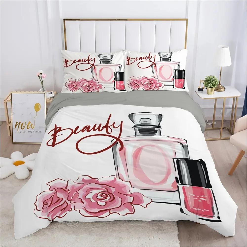 Perfume Floral Duvet Cover Set Pink Makeup Bedding Set with Pillowcase,Girls Women Romantic Fashion Gifts Comforter Cover Set