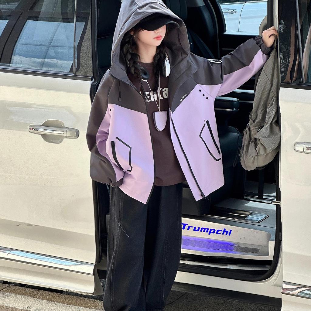 Girls' Color Block Hooded Windbreaker - Casual Spring/Autumn Jacket for Big Kids