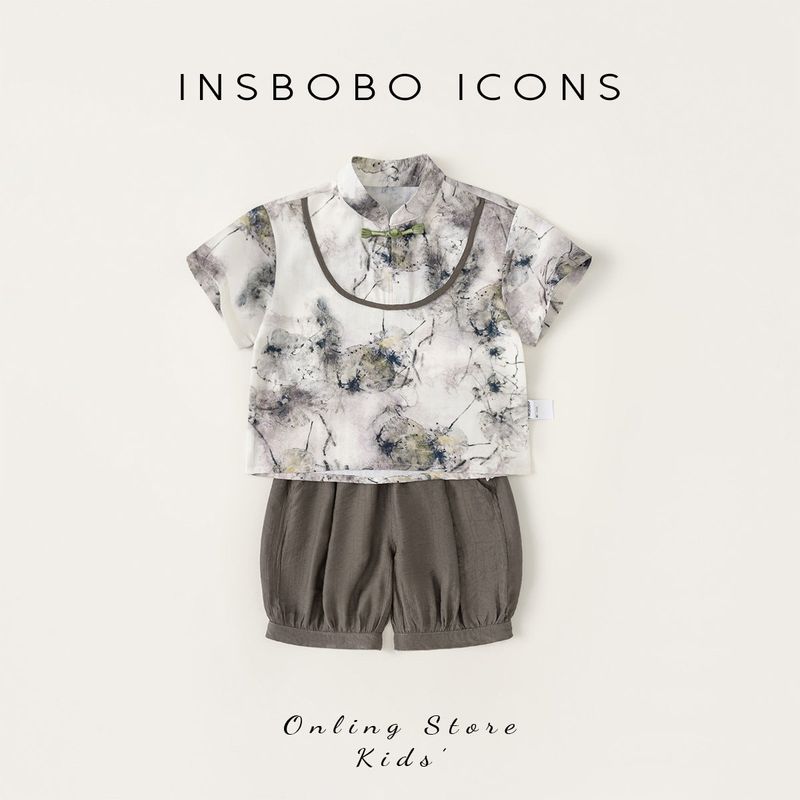 Insbob Boys Summer Outfit New Children s Chinese Style Printed Casual Two-Piece Set Chinese-Style Children s Clothing Trendy for Babies Apricot + Gray Green 100