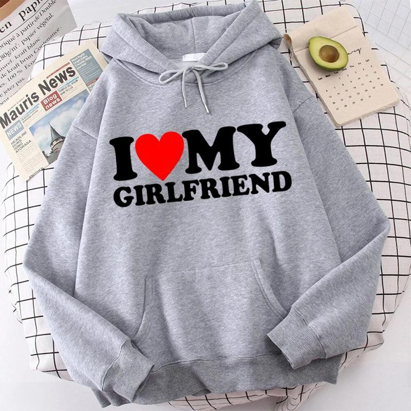 Valentine's Day I Love My Boyfriend Girlfriend Printed Hoodie Sweatshirt Unisex Pullover Long Sleeve Hooded