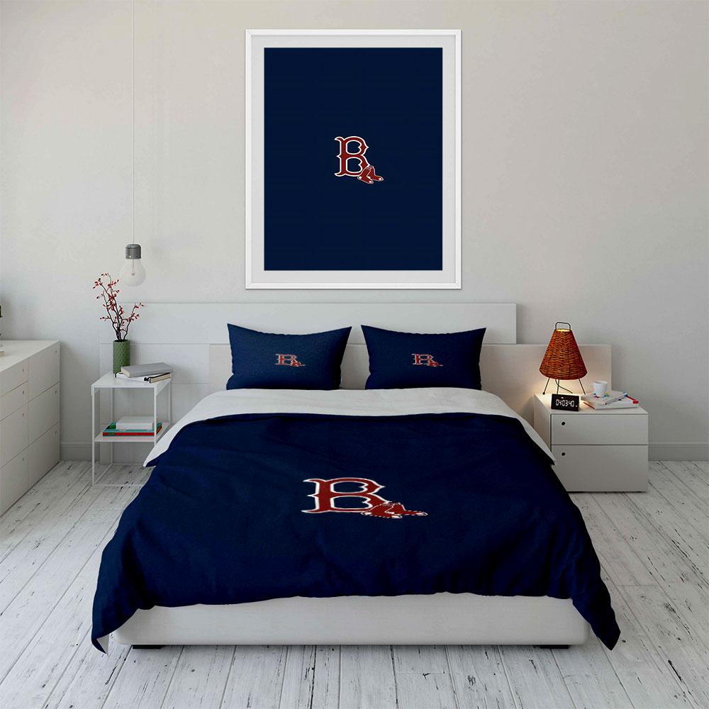 "Red Sox Logo On Navy Blue Background" Print Bedding Set Duvet Cover Pillowcases (1* Duvet Cover 2* Pillowcases Do Not Include Comforter)