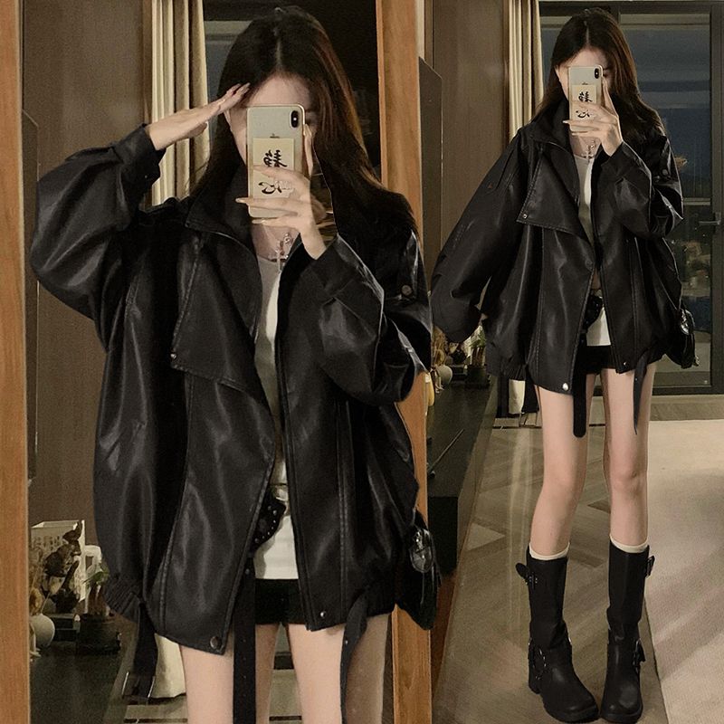 

Kumikumi Американский винтаж ПУ Кожа С длинным рукавом Верхняя одежда Женская одежда Осень Свободный Приталенный Универсальный Куртка Топ со стойкой Black M