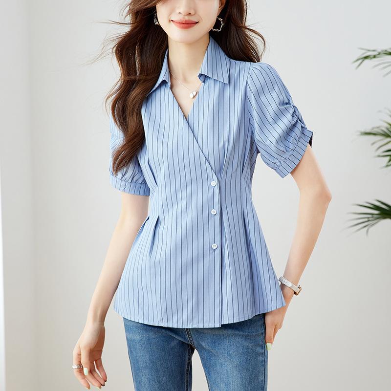 

Полосатая женская футболка с коротким рукавом на лето, французская нишевая, с V-образным вырезом, с пышными рукавами, свободная и облегающая, большого размера, тонкая XXL