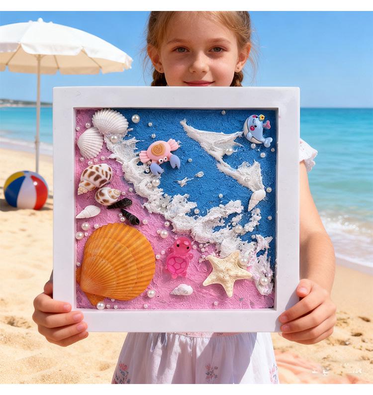 Natural Conch Seashell Beach Photo Frame: Hand-Painted DIY Decorative Texture Painting Kit for Kids