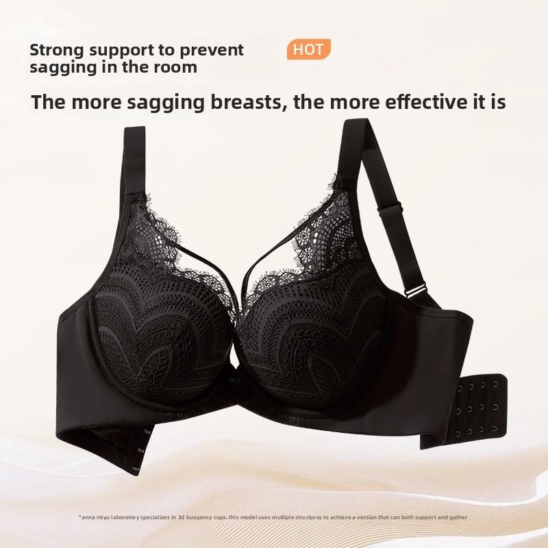 French Sexy Lace Plus Size Shaping Bra, Soft Underwire Push Up Side Gathering Anti-Sag Corrective Full Bust Women Bra