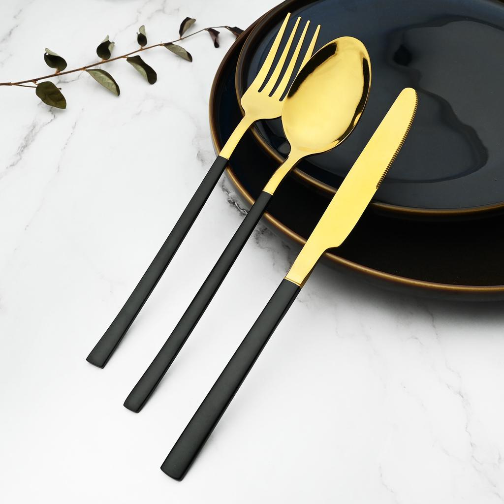 24 Pcs Black Tableware Stainless Steel Cutlery Set Forks Knives Spoons Kitchen Dinner Set Fork Spoon Knife Gold Dinnerware Set