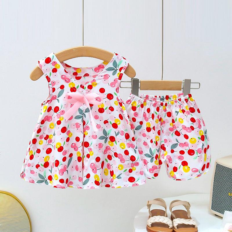 Girls' Summer Cotton and Silk Sleeveless Two-piece Floral Floral Floral Pattern Set