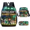 Minecraft Cartoon Print Backpack Set 3-Piece Student School Bag Water-Resistant Large Capacity Unisex