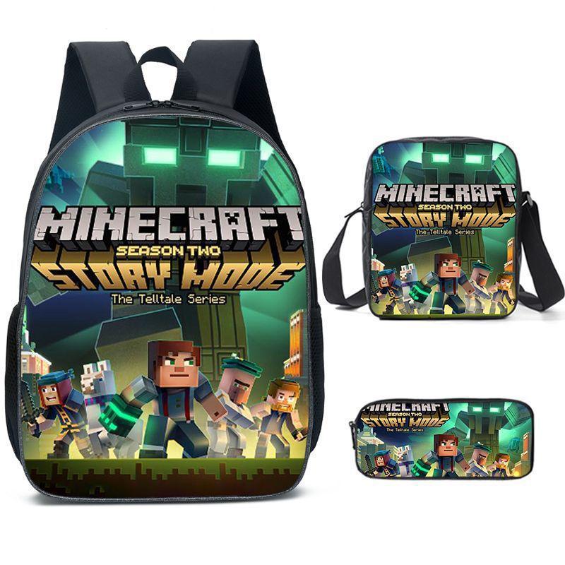 Minecraft Cartoon Print Backpack Set 3-Piece Student School Bag Water-Resistant Large Capacity Unisex